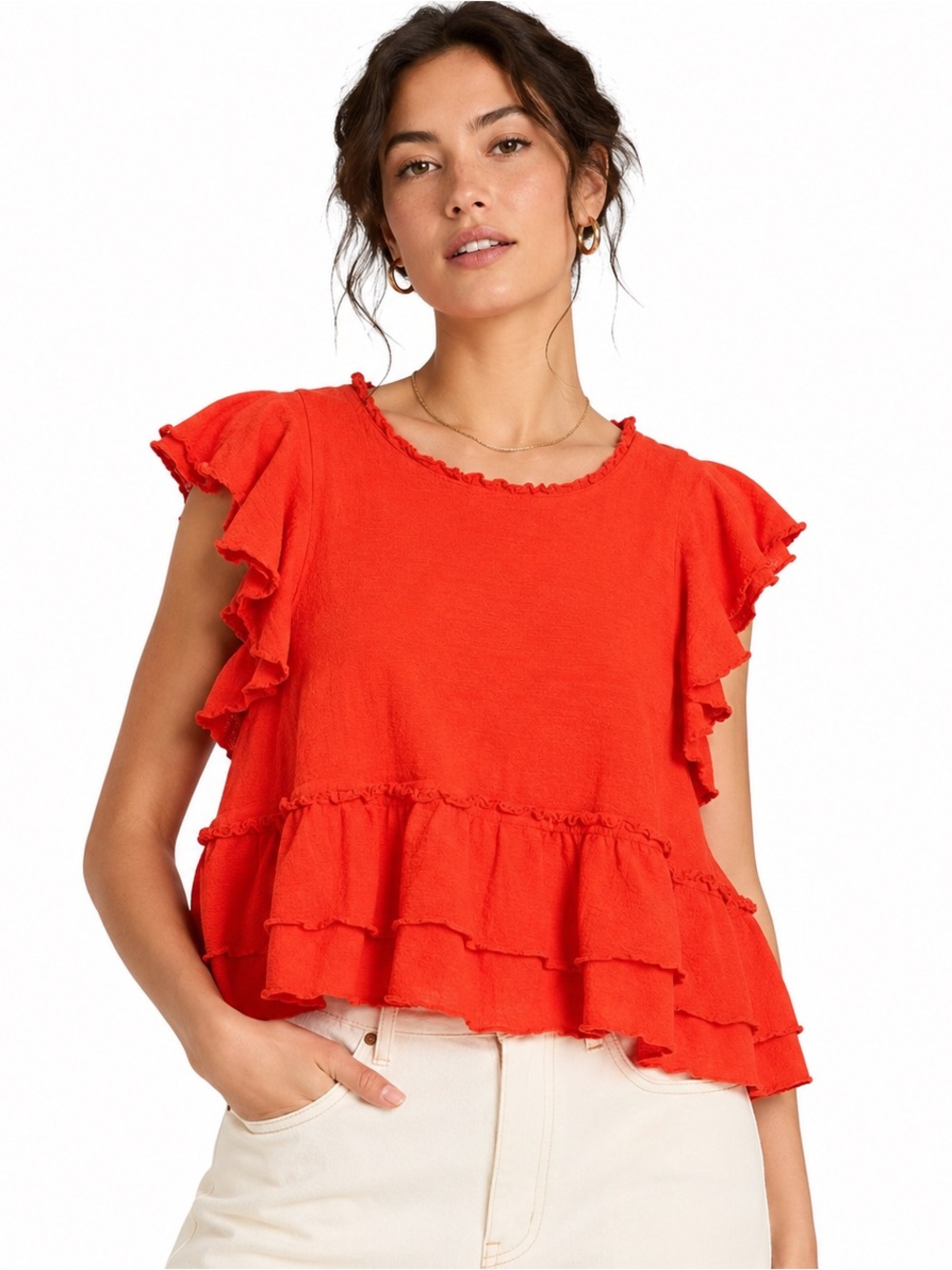 Anthropologie Maeve Cascade Ruffle Shell Red-Orange Top â Sz Medium